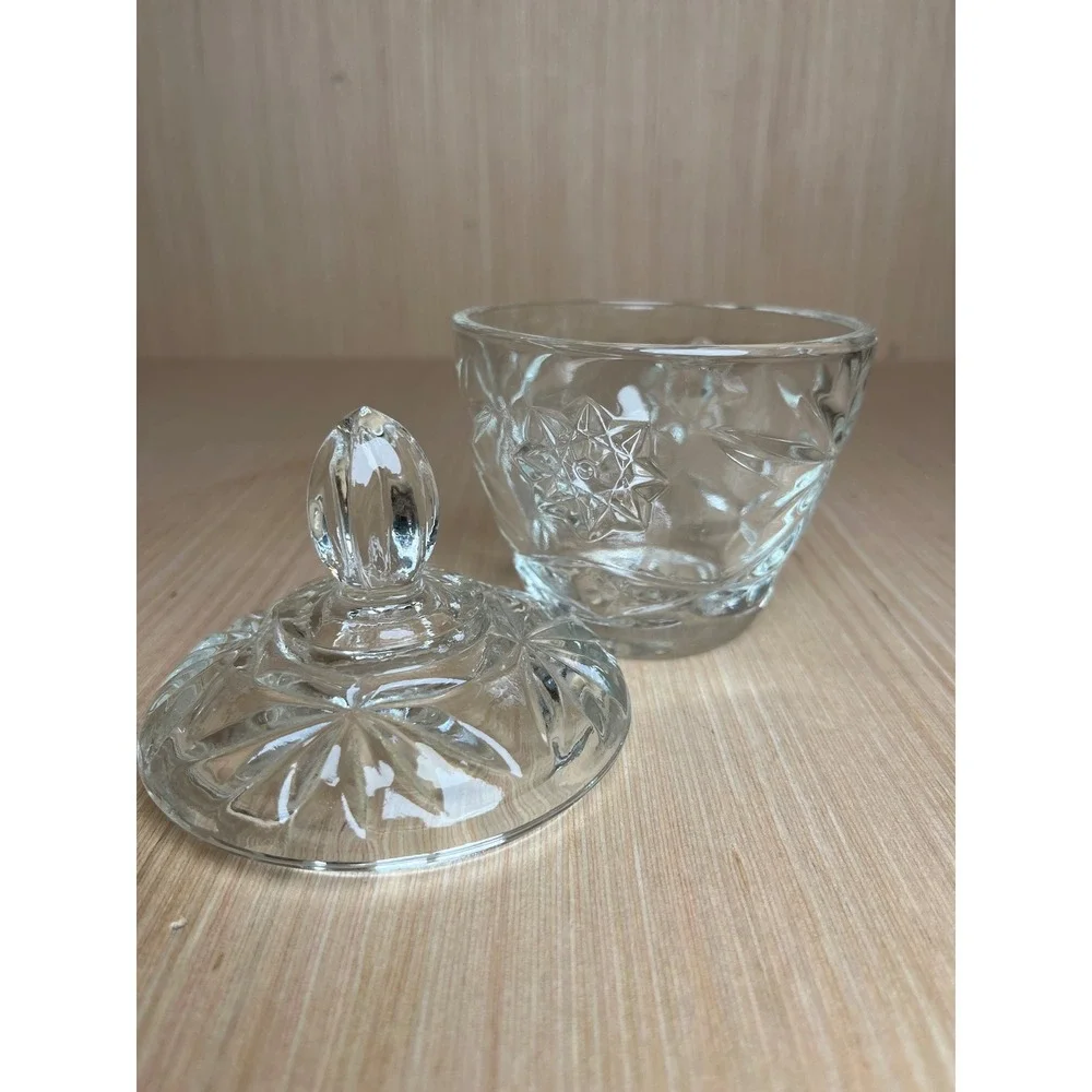 Vintage Anchor Hocking Clear Pressed Glass Starburst Lidded Sugar Bowl MCM